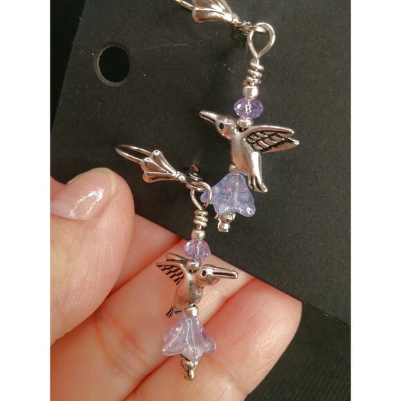 Silver Hummingbird Earrings Dangle Tibetan Whimsical Handmade Crystal Beads NEW - Picture 8 of 10